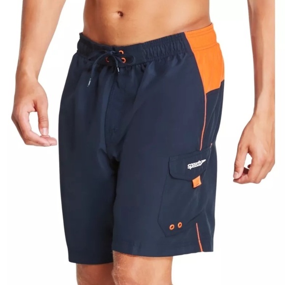 Speedo Men’s Blue w Orange Tie Waist Marina Sport VaporPlus 9” Swim Trunks Small - Picture 1 of 9